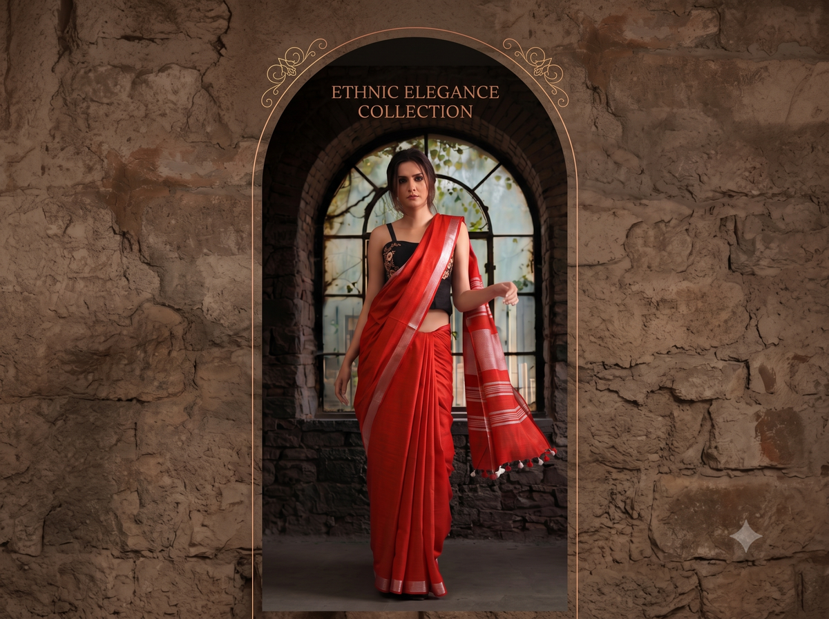 Radiant Crimson Red Fancy Linen Saree