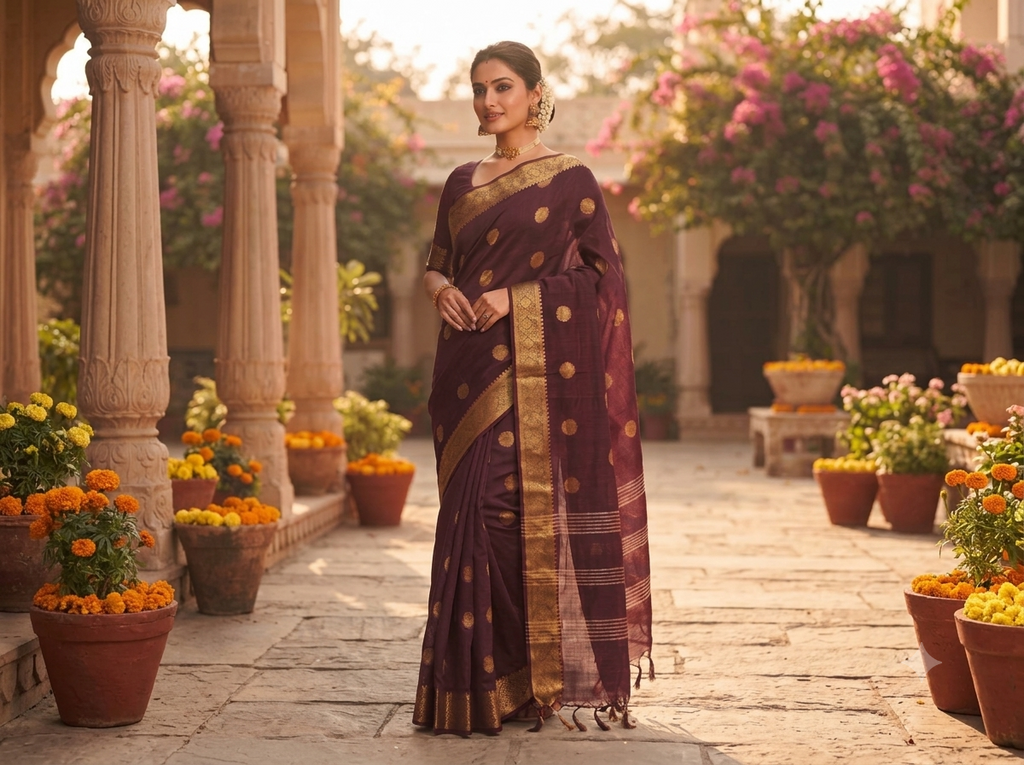 Deep Wine Tussar Silk Saree with Antique Gold Zari