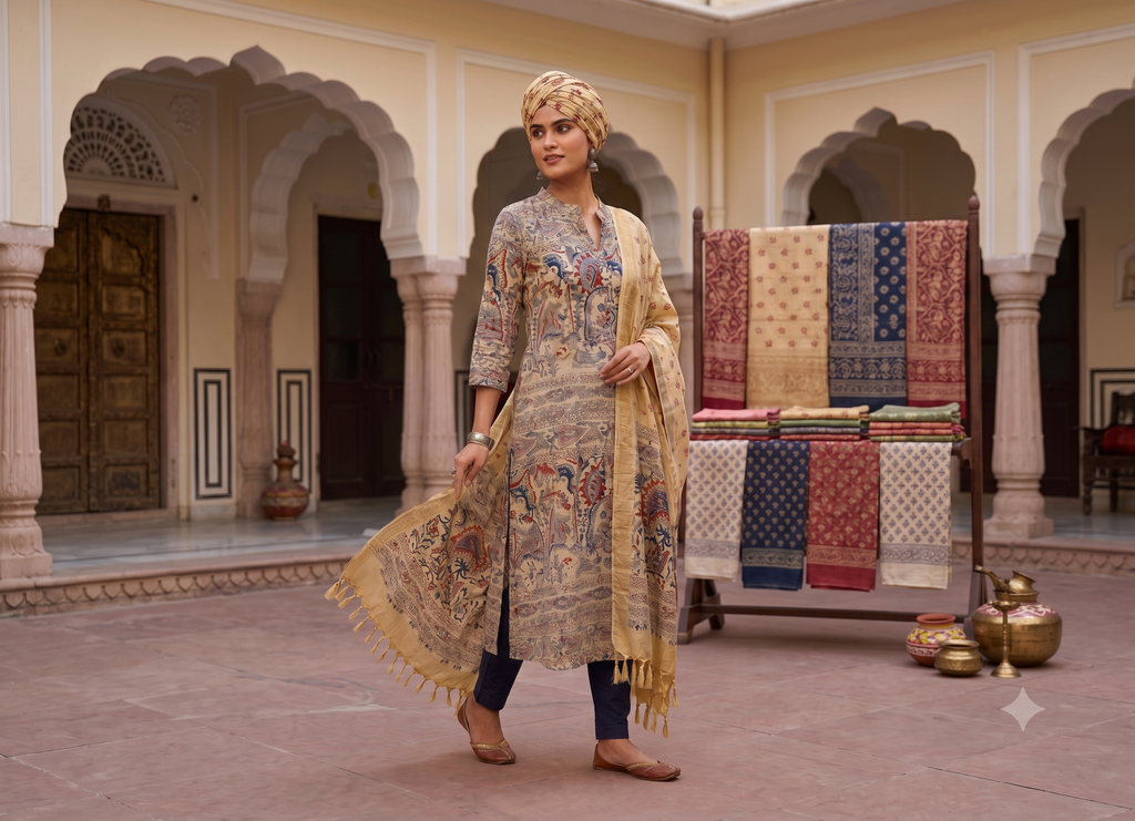 Madhubani Handcrafted Kurti with Silk Dupion Dupatta
