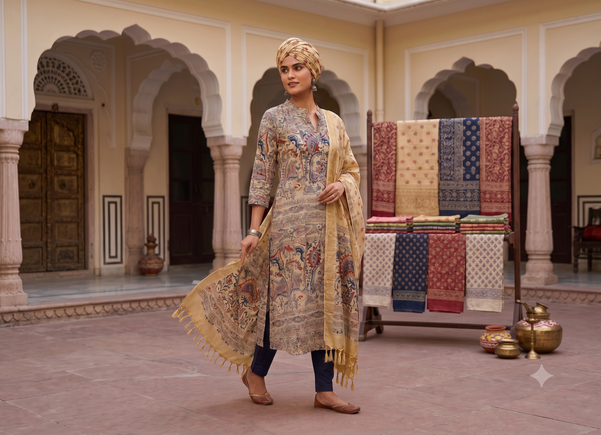 Madhubani Handcrafted Kurti with Silk Dupion Dupatta