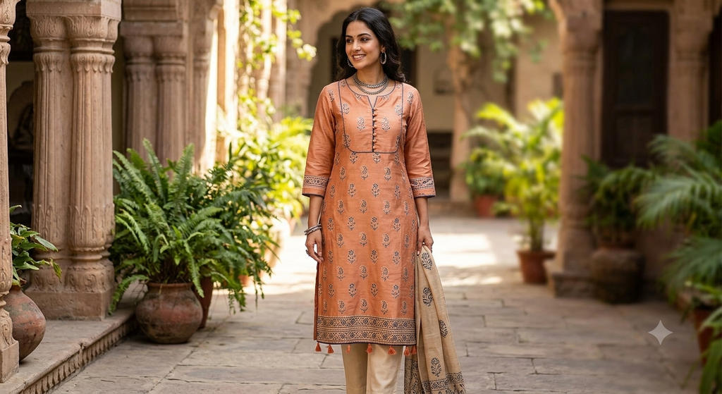 Rust Orange Bhagalpuri Silk Suit Set