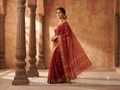 Crimson Red Tussar Silk Saree with Antique Gold Zari