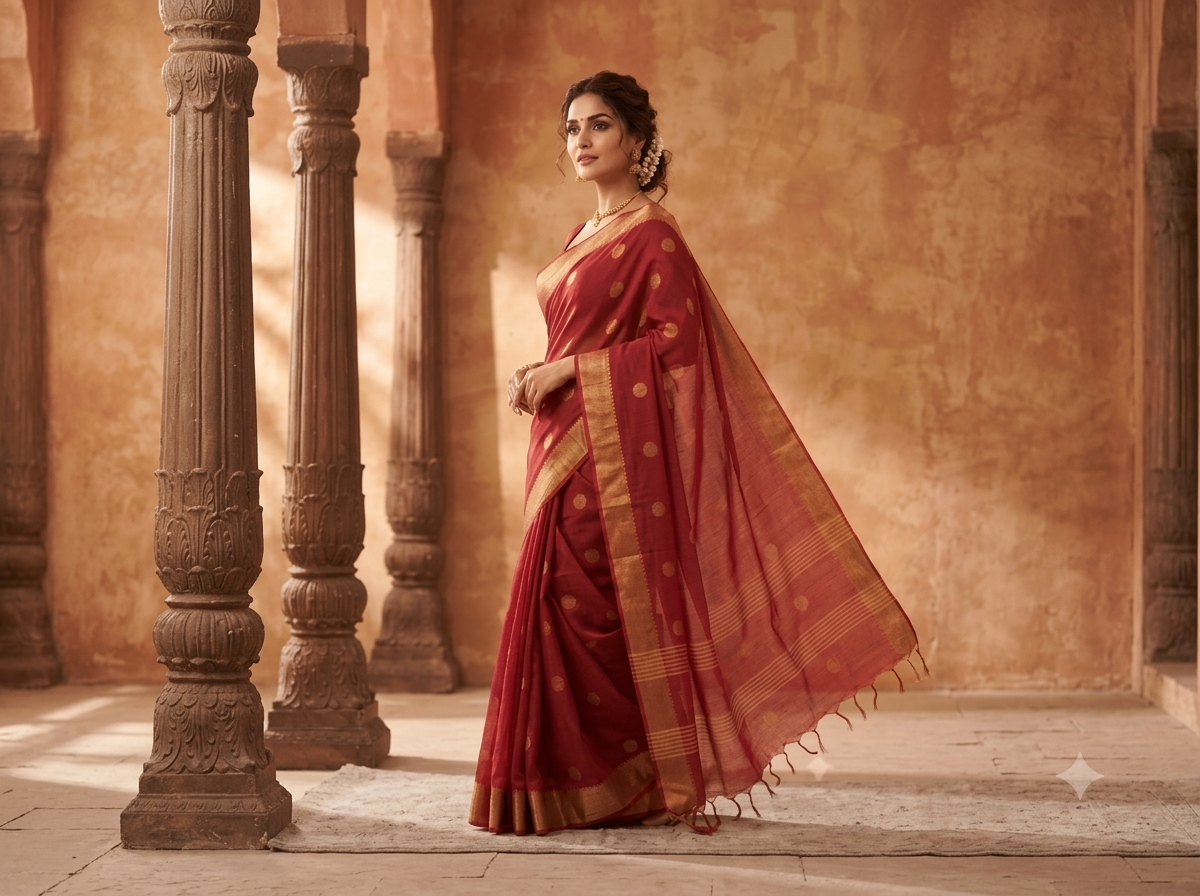 Crimson Red Tussar Silk Saree with Antique Gold Zari