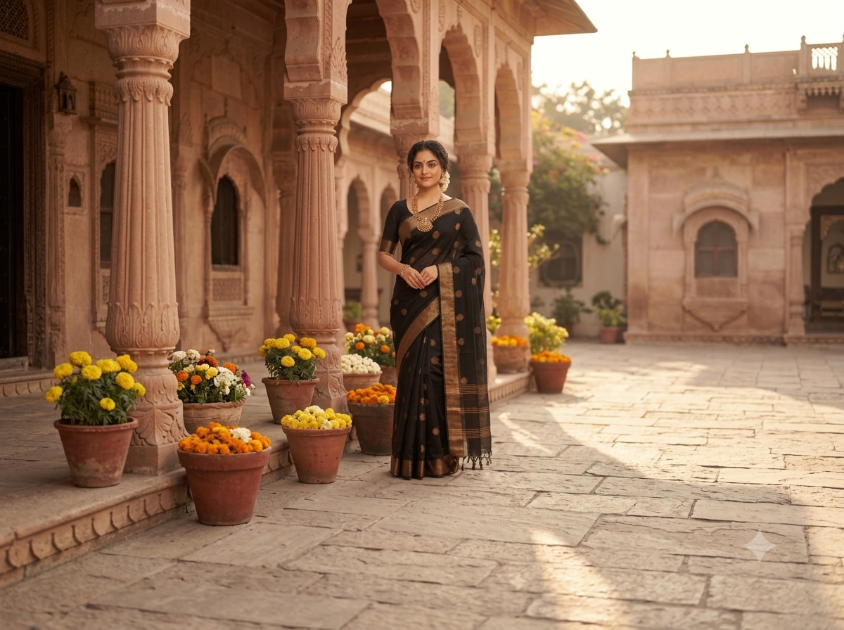 Royal Charcoal Silk Saree with Antique Gold Zari