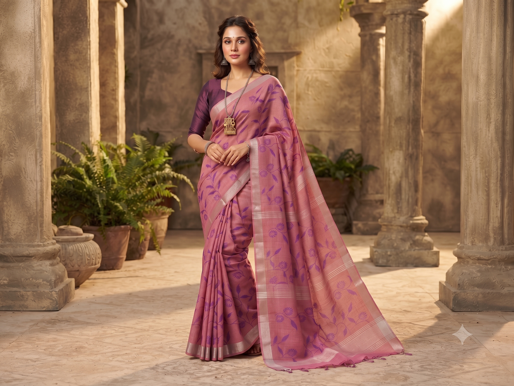 Rose Pink Tussar Silk Saree with Purple Floral Embroidery – My Store