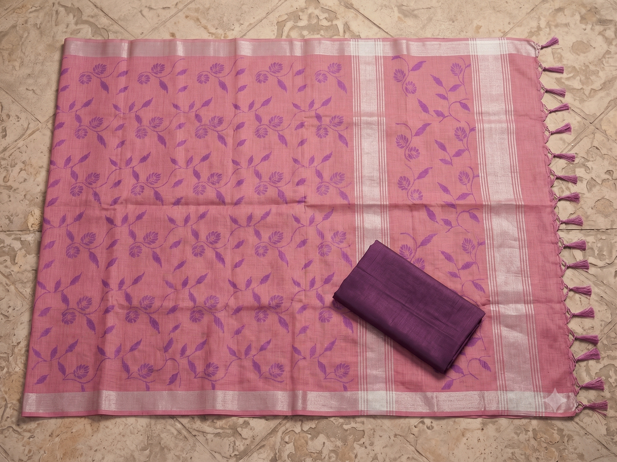 Rose Pink Tussar Silk Saree with Purple Floral Embroidery
