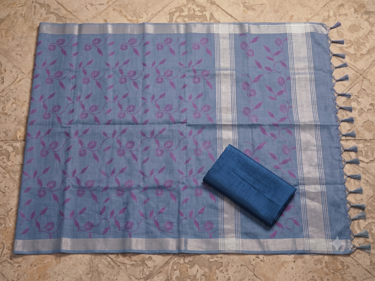 Slate Blue Tussar Silk Saree with Magenta Floral Embroidery