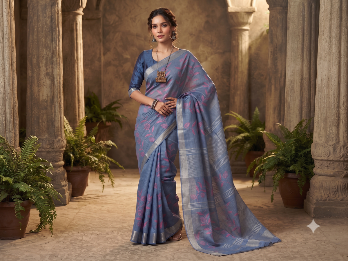 Slate Blue Tussar Silk Saree with Magenta Floral Embroidery
