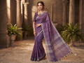 Dusty Violet Tussar Silk Saree with Floral Embroidery