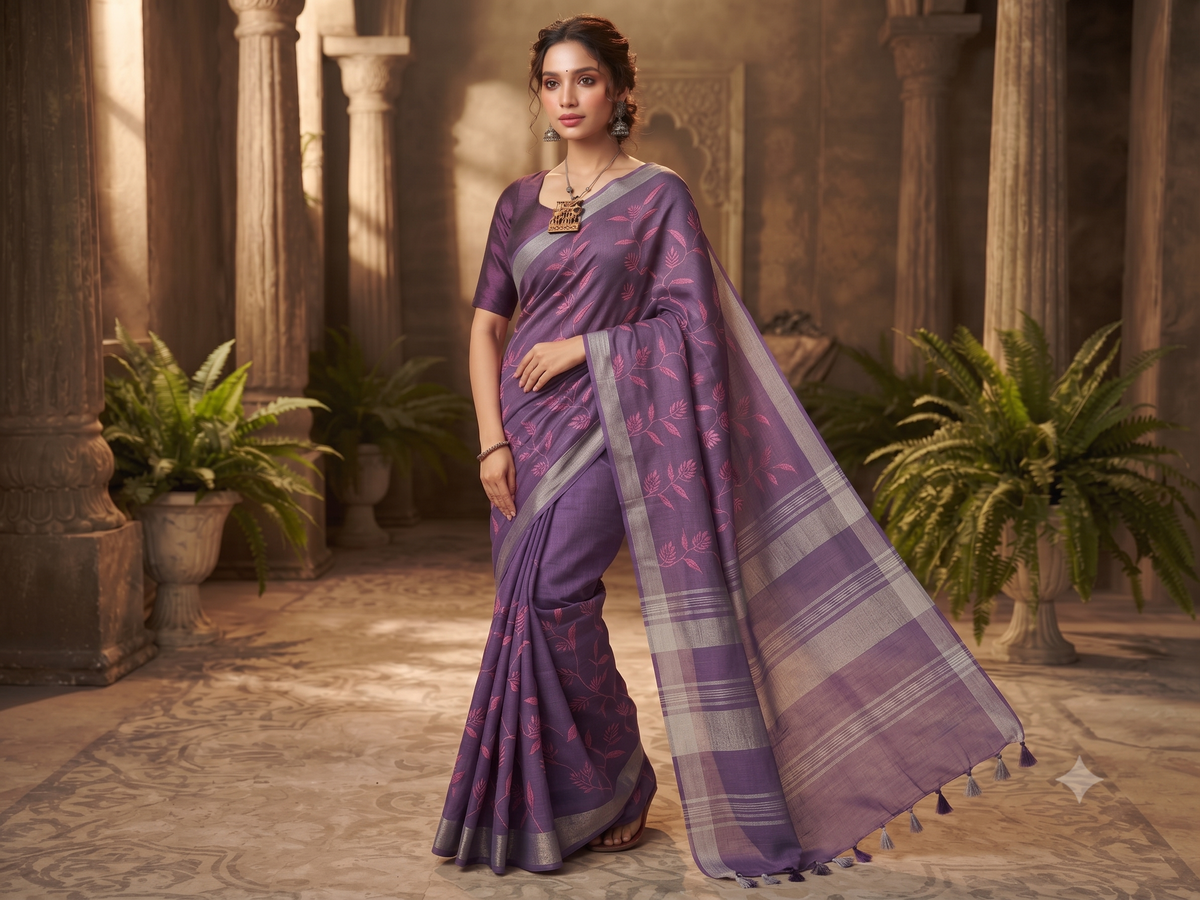 Dusty Violet Tussar Silk Saree with Floral Embroidery