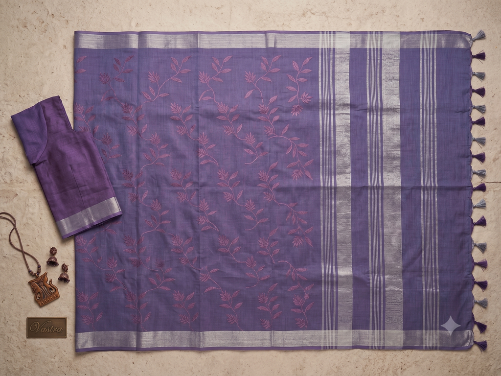 Dusty Violet Tussar Silk Saree with Floral Embroidery