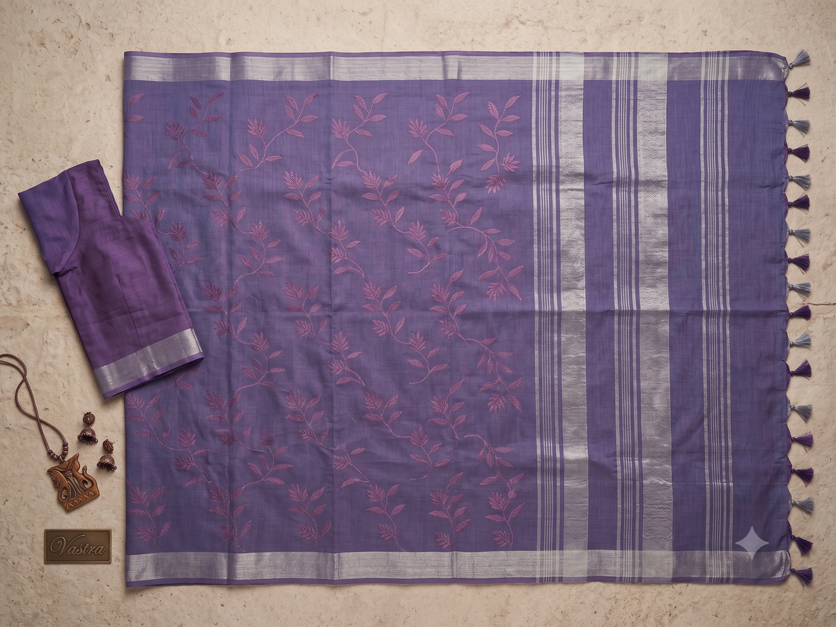 Dusty Violet Tussar Silk Saree with Floral Embroidery