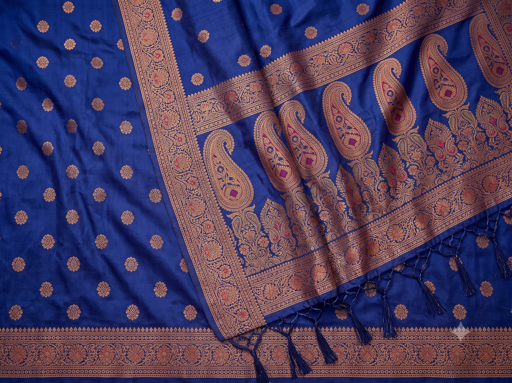 Cobalt Blue Munga Silk Saree with Antique Gold Zari